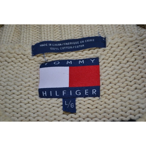 Vintage Tommy Hilfiger Sweater Mens L Ivory Cable Knit Cotton Crewneck Snowflake - Picture 7 of 14
